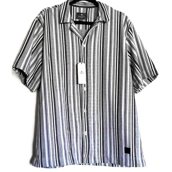 NEW Saints Studio Men's Short Sleeve Shirt Logo Black & White Stripe NWT $58 XL - Picture 2 of 8